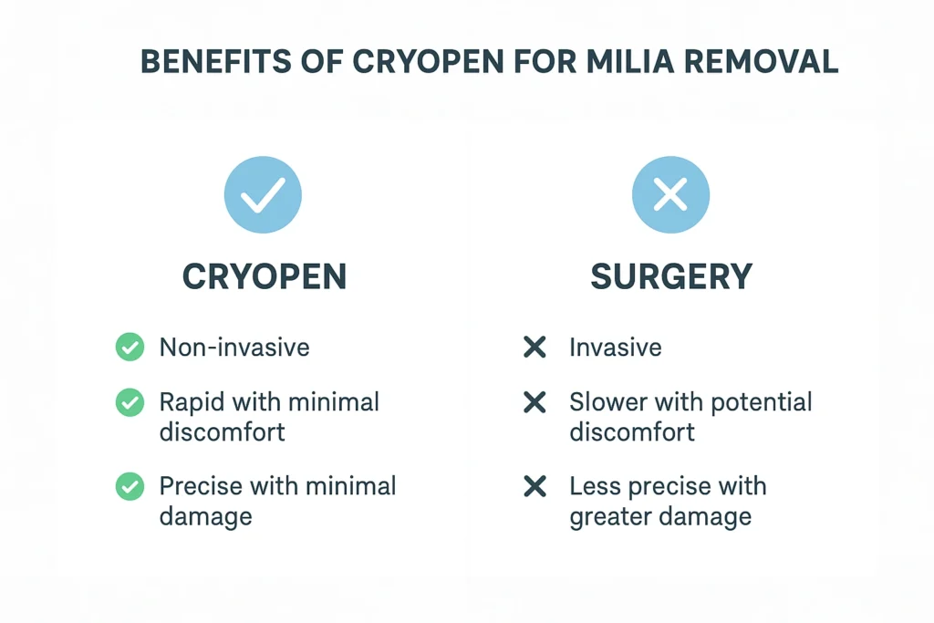 Benefits of cryopen for milia removal Greater London (Lewisham) compared to surgical treatments.