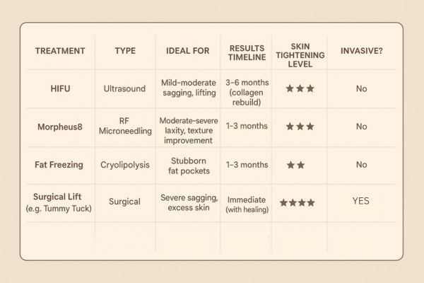 Table showing the comparisons of Skin tightening Greater London (Lewisham) treatment options. 